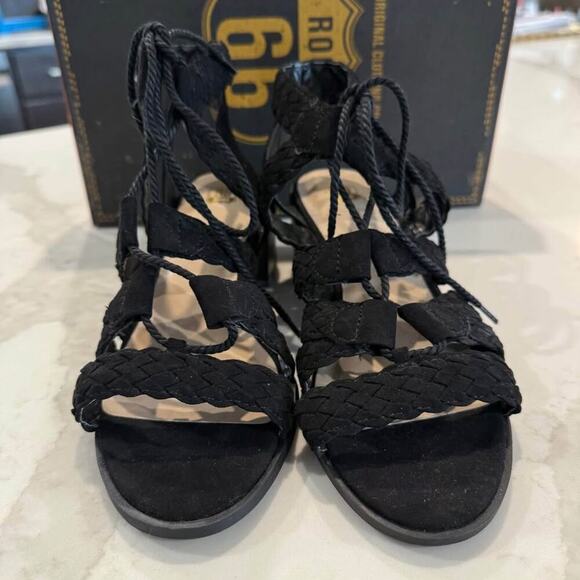 Route 66 Marcia LaceUp Wedge Dress Sandals Womens 7 Black ChunkyHeel WovenStraps - Picture 4 of 9